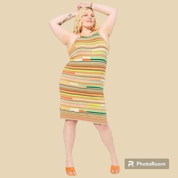 4X 26W Torrid Crochet 70s Knit Mini Sweater Dress Orange Green Sherbet Stretch - Picture 1 of 10